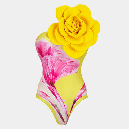 Yellow Printed Women 3D flower One Shoulder Beachwear with Skirt Two Pieces Sets Swimwear Bathing Suit