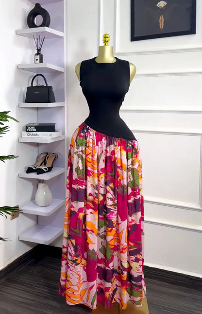 Sleeveless ashes Maxi Dress Printed Patchwork Tank Long Maxi Dress