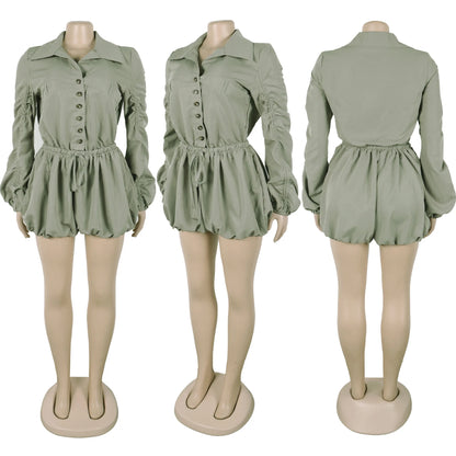 Elegant Ruched Drawstring Patchwork Rompers Woman Solid Color Lantern Sleeve Jumpsuits