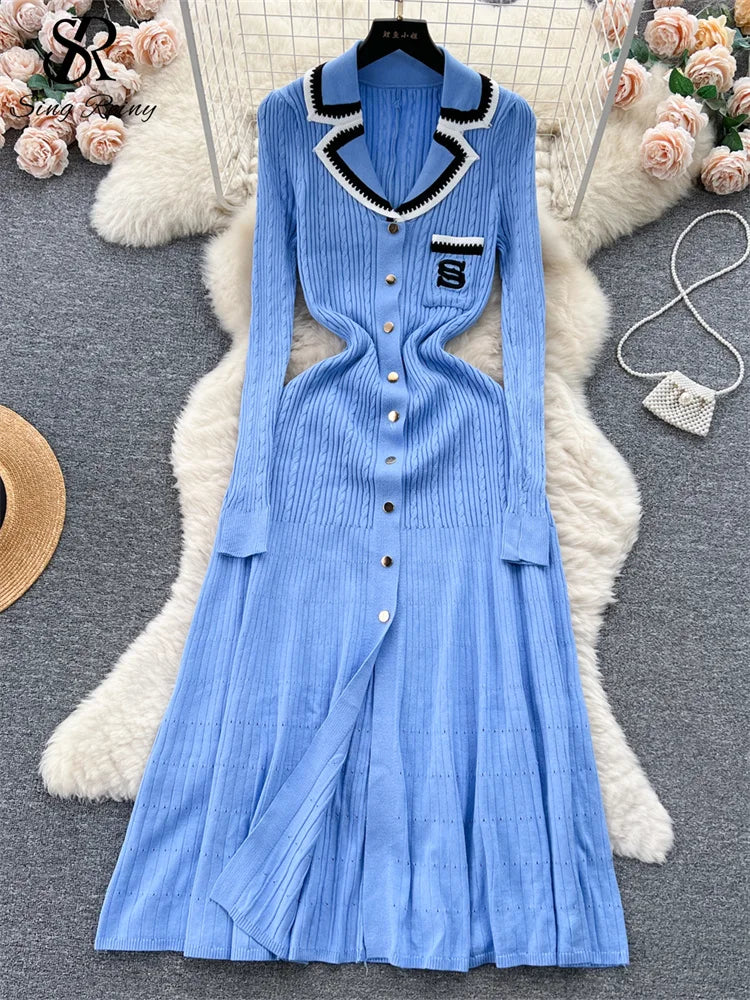 Women Polo Dress Single Breasted Pocket Design Bodycon Knitted Dress Sweater Midi Dress