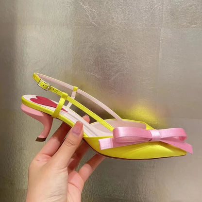 Yellow Pointed Toe Bowknot Satin Cat Heel Sandals Woman Buckle Strap Mini Heel Shoes