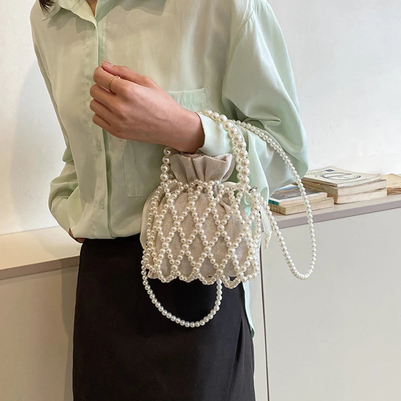 Luxury Pearl Women Bucket Tote Bag Woven Pearl Crossbody Bags for Women Small Wallet