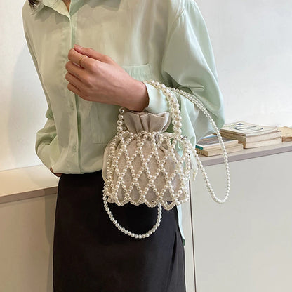Luxury Pearl Women Bucket Tote Bag Woven Pearl Crossbody Bags for Women Small Wallet
