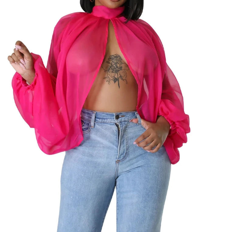 Womens Chiffon Blouse Sexy See Through Lantern Sleeve Front Back Open High Neck Blouses Tops