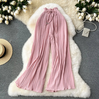 Women Long Pants Wide Leg Pant Solid Loose Casual Lace Up Tight High Waist Capris Regular Pleated Trousers