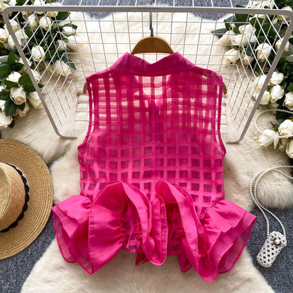 Vintage Bandage Lace Sleeveless Blouse Slim Elegant Korean Fashion Sexy Shirt