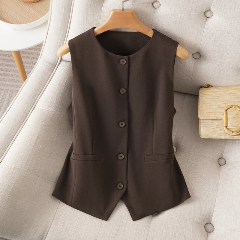 Round Neck Sleeveless Suit Vest for Women Single-Breasted Sleeveless Vest