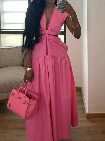 Women Short Sleeve Tie Up Open Waist Deep V-neck Maxi Long Dress