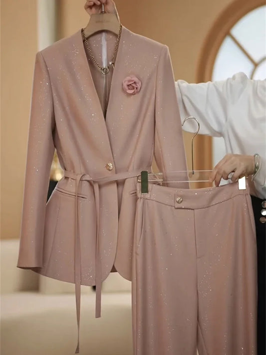 professional sequined suit wide leg pant suit women pants + blazer