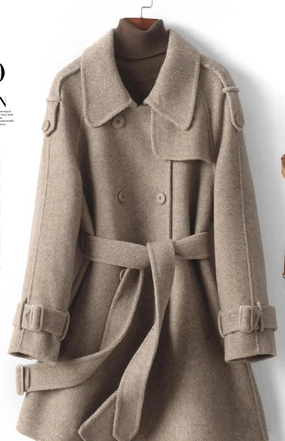 Woolen Coat New British style POLO collar Lace up Double breasted Coat