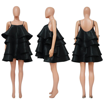Women Spaghetti Strap U Collar Sleeveless  Party  Mini Fairy Satin Dress