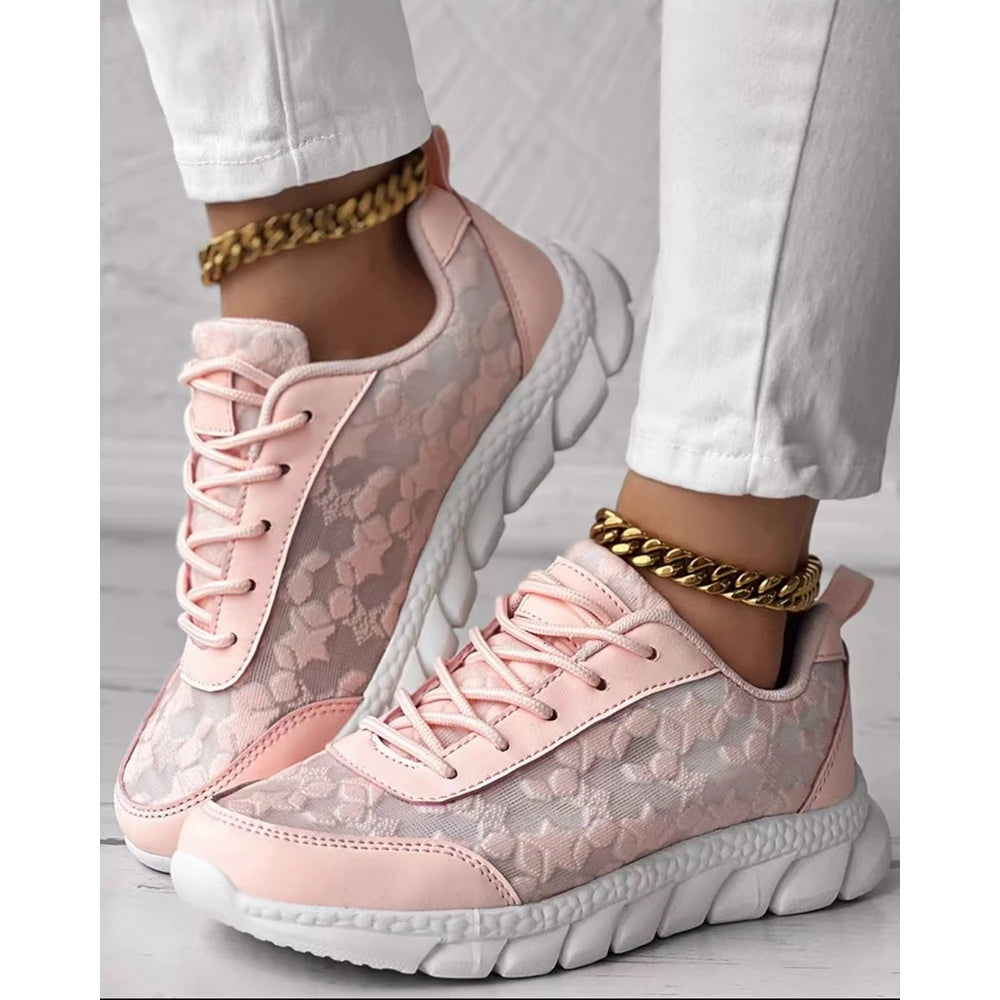 Women Star Pattern Lace-up Breathable Sneakers Daily Casual Round Toe White Sports Shoes Running Shoes