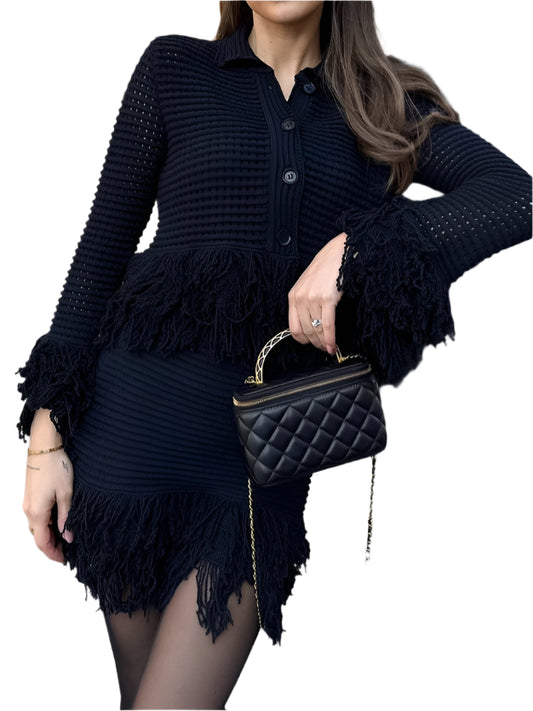 Vintage Women Knitted Hollow Out Tassel Mini Skirt Set Cardigan+Fringe Mini Skirt