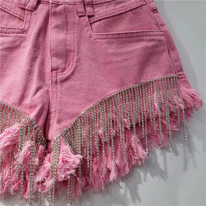 Denim shorts women's heavy industry rhinestone design high waist hot pants