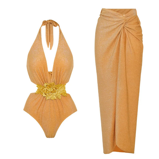 Swimwear Women With Skirt Bathing Suit Summer New Ruffle Splice Print Beachwear Bikini Cover Ups