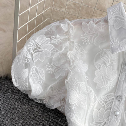 Women Vintage Lace White Dress Turn Down Collar Puff Sleeve Mini Dress