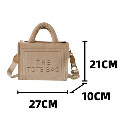 Women's Khaki Velour Tote Bag Original Letter Print Shopper Handbag