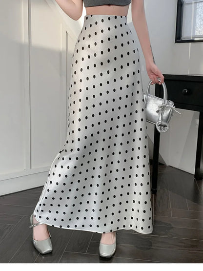 Polka Dot Satin Skirt Women's High Waist Versatile Elegant Dot Long Skirt