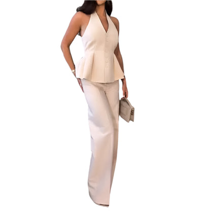 Women's Trouser Suits Sleeveless Halter Top Straight Pants Two Piece  Sets