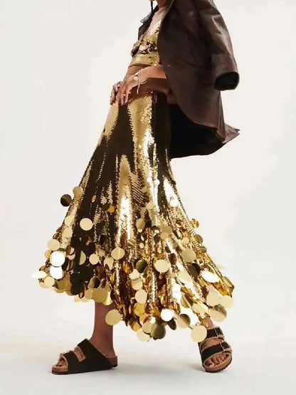 Solid Patchwork Sequins Chic Skirts For Women High Waist Zipper A Line Skirts