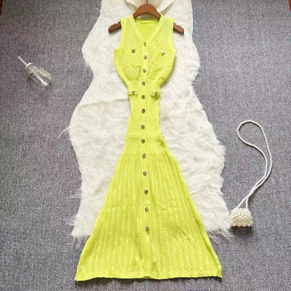 Casual Knitting Long Dress Women Buttons V Neck Hook Flower Hollow Out Chic Maxi Long Dress