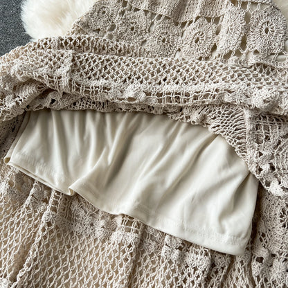 Bohemian Vintage Knit Two Piece Tank Tassels Crop Tops+Loose Hooked Hollow Out Skirt Beach Outfit
