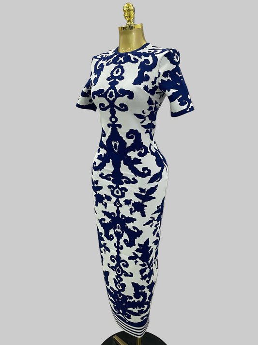 Short Sleeve Jacquard Blue Bandage Bodycon Maxi Dress
