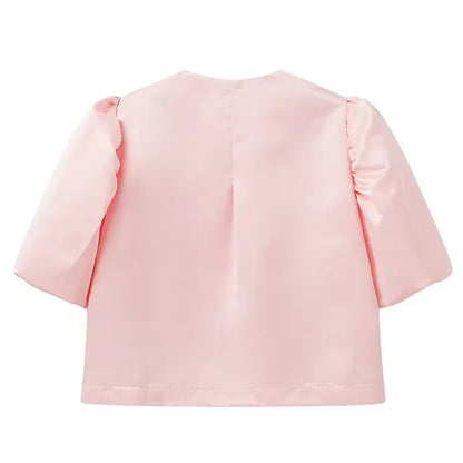 Solid Satin Women's Blouse Top With Pouf Balloon Sleeve O Neck Loose Blouses
