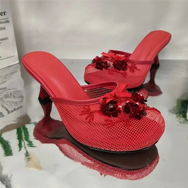 Women Summer Wedges Mesh Shoes Flower Round Toe Slip-On Hollow High Heeled sandals