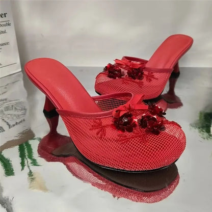 Women Summer Wedges Mesh Shoes Flower Round Toe Slip-On Hollow High Heeled sandals