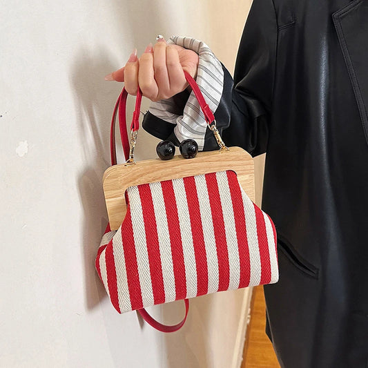 Retro Striped Wooden Clip Shell Bags for Women Messenger Bag Black and white