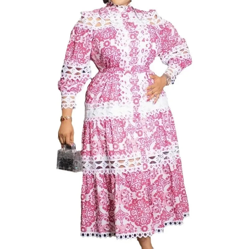 Women Lace Printed Vintage Elegant Patchwork Hollow Out Long Sleeve Dress
