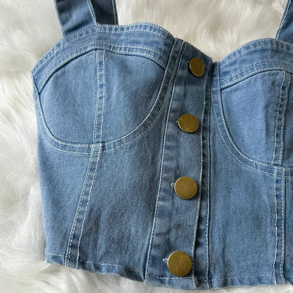 Denim Skirt Stets Two Pieces Sleeveless Tanks Top and Pleated Mini Skirt
