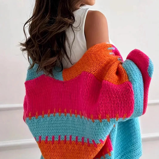 V Neck Lantern Sleeve Open Stitch Knit Cardigan Women Loose Casual Sweater