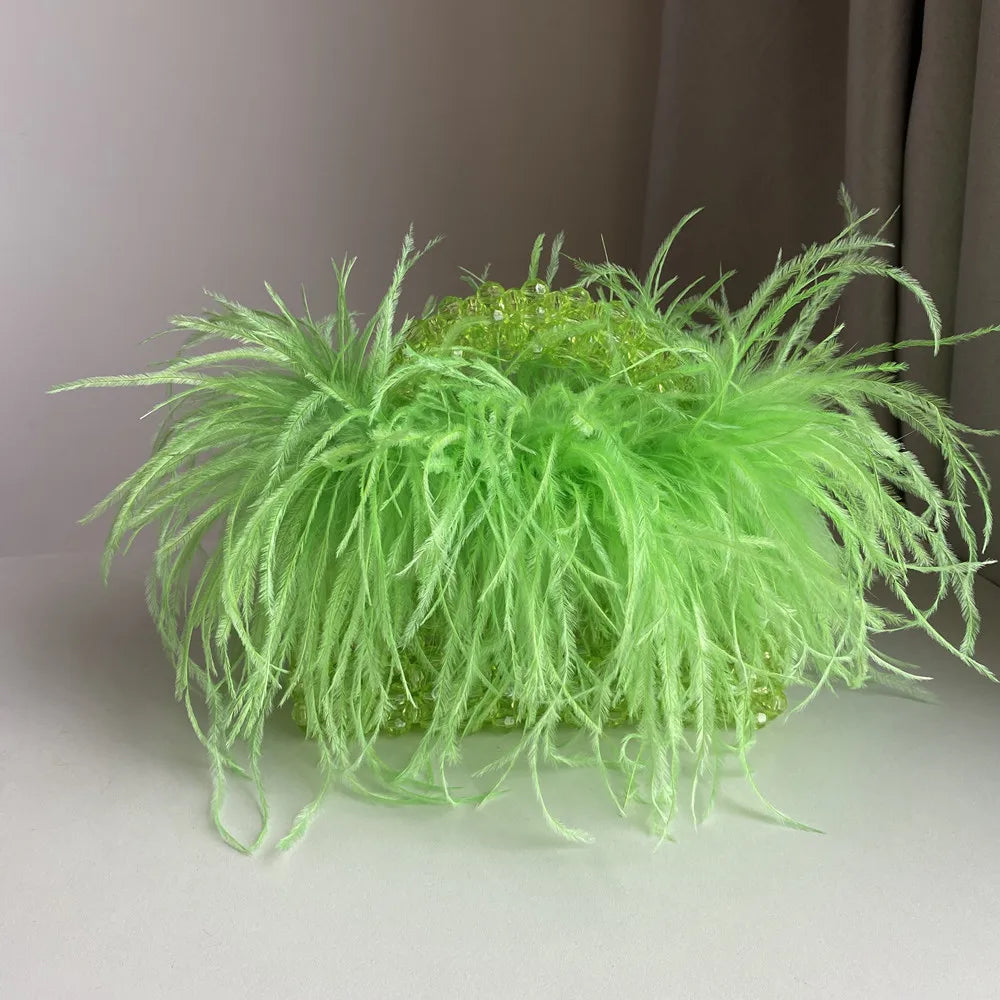 Pearl Bead Bag With Feather Fur Designer Brand Clear Acrylic Crystal Handbag Handmade