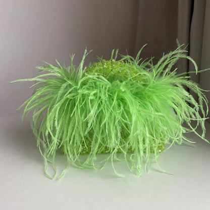 Pearl Bead Bag With Feather Fur Designer Brand Clear Acrylic Crystal Handbag Handmade