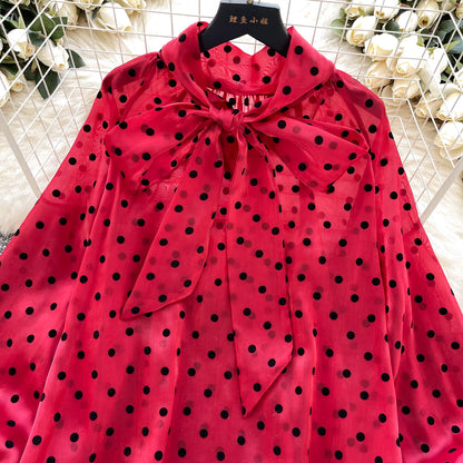 Vintage Polka Dot Tops Puff Sleeve Bow Lace Up Design Blouse