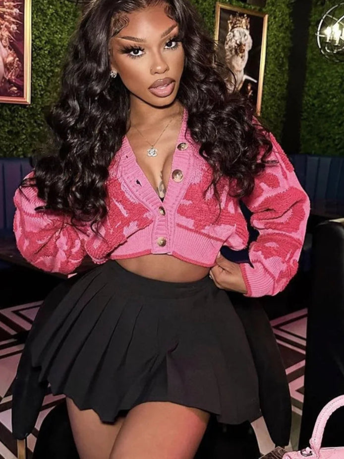 Women Bare Midriff Sweet Knitted Crop Cardigan  Girls Fleece Patchwork Warm Button Sweater