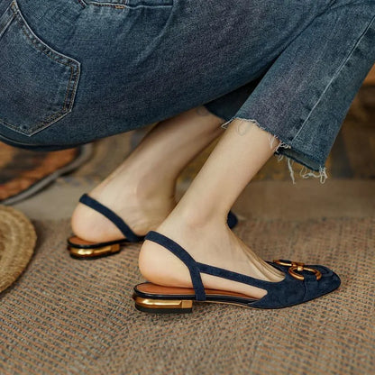 French Low Heel Retro Toe Cover Sandals Women Summer Empty Horse Bit Faux Leather Strap Sandals