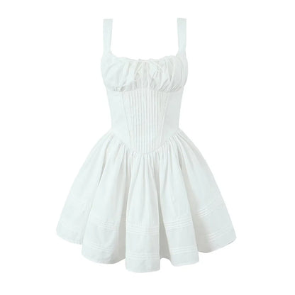 Women's Fashionable Floral Print Pleated Patchwork Slim Fitting Suspender Dress