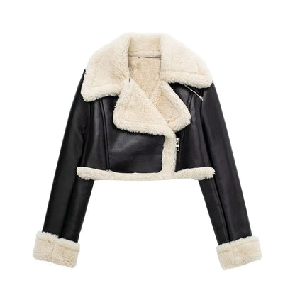 Women Solid Front Zipper Jackets Vintage Lapel Neck Long Sleeves Jacket