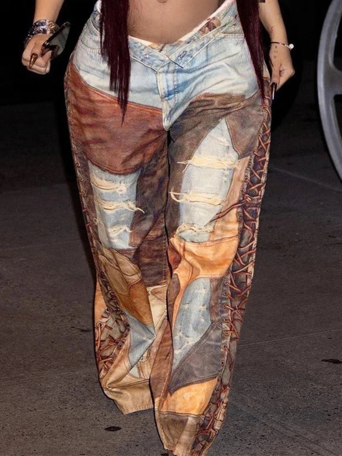 Women's Patchwork Chain Printed Straight Wide Leg Cargos Denim Jeans