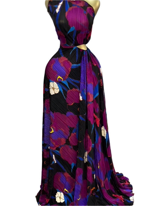 Women Floral Printed One Shoulder Skew Neck Cutout Waist Pleated Maxi Long Dress Birthday Outfit