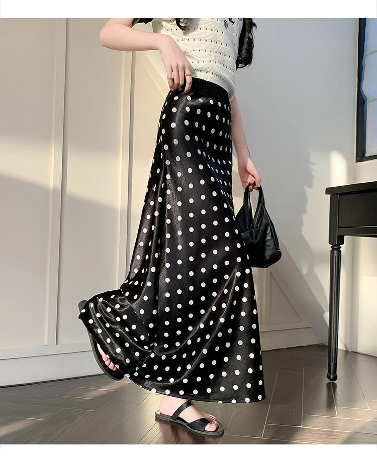Polka Dot Satin Skirt Women's High Waist Versatile Elegant Dot Long Skirt