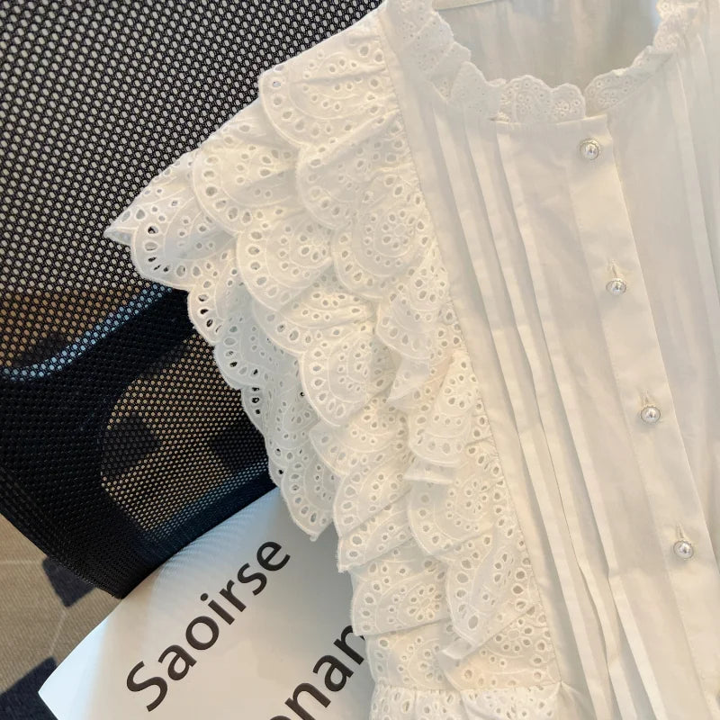 Flying Sleeve White Shirts Vintage Sleeveless Ruffled Lace Blouse for Woman