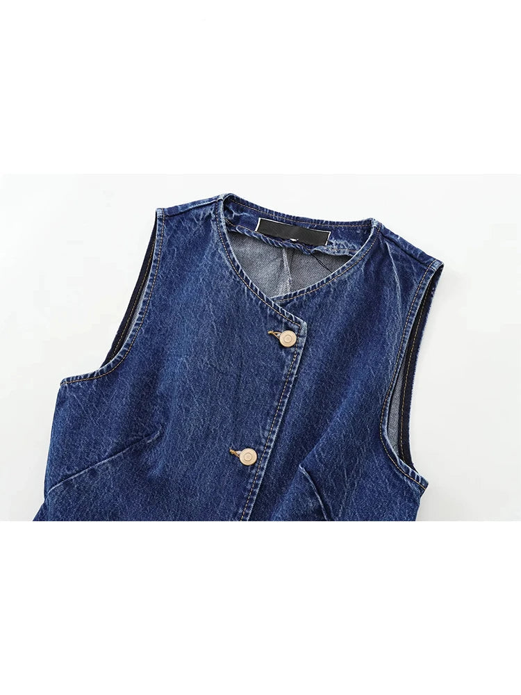 Women's Short Vest Blue Denim Vest Top Casual Cropped Sleeveless Top