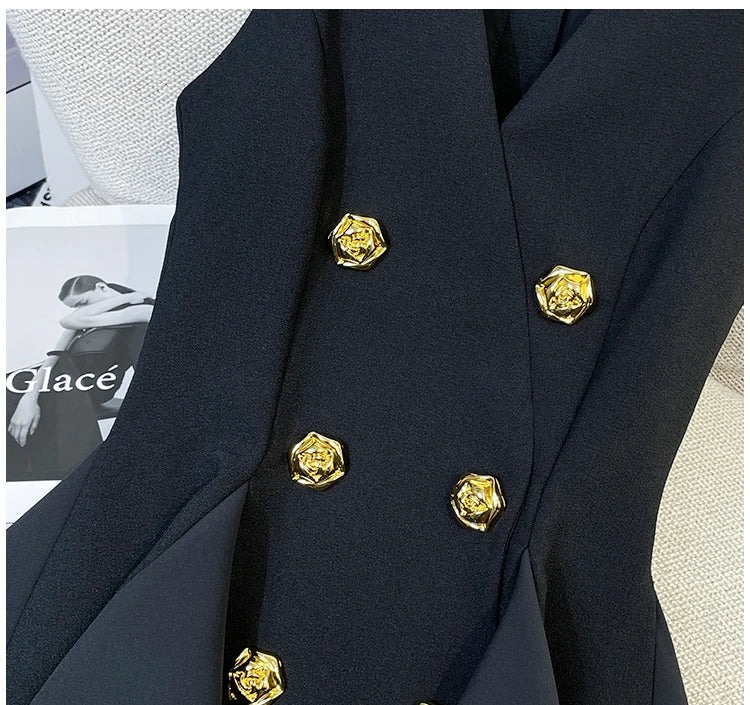 French Elegant Sleeveless A-Line Tunic Blouse Black Classic Gold Button
