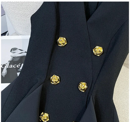 French Elegant Sleeveless A-Line Tunic Blouse Black Classic Gold Button
