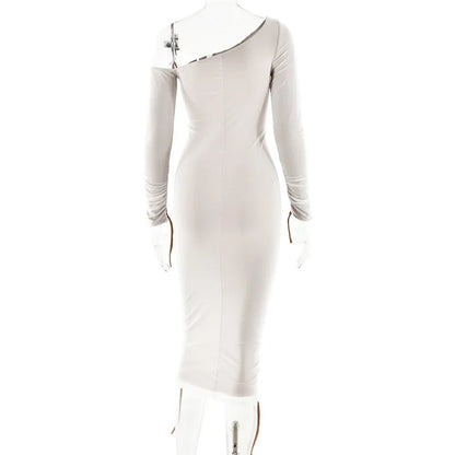 Diagonal Collar Long Sleeve Midi Bodycon Dress For Women Two Layer Mesh
