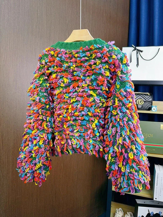 Women Pullover Fringe Crochet Jumper Rainbow Color Handmade Sweater